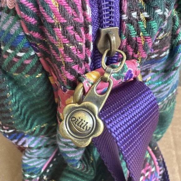 Oilily Pink Green Purple Plaid Floral Embroidered crossbody Satchel Purse - Picture 7 of 16